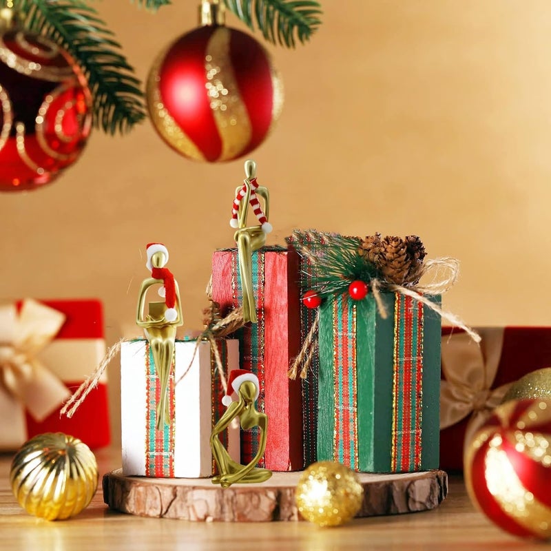 Prettidecor Christmas Gold Home Decor Thinker Statue Accents, 2025 Xmas Thinker Sculptures Office Decor Modern Abstract Decoration on Shelf Table Desk for Living Room Office Bedroom Comes with Christmas Hats - Image 2